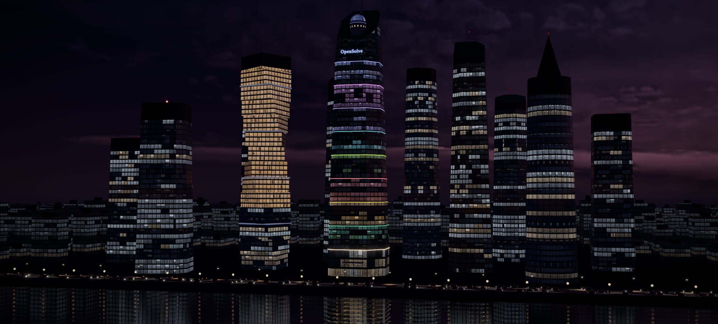 The Concord towers at night, with the OpenSolve tower in the middle